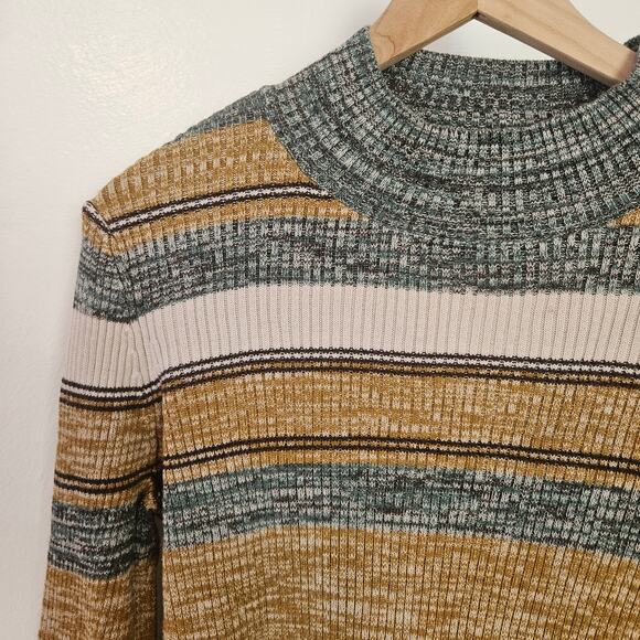 Prana Acadia Sweater Ribbed Stripe Mock Neck L Tan‎ Green Ivory - Picture 3 of 6